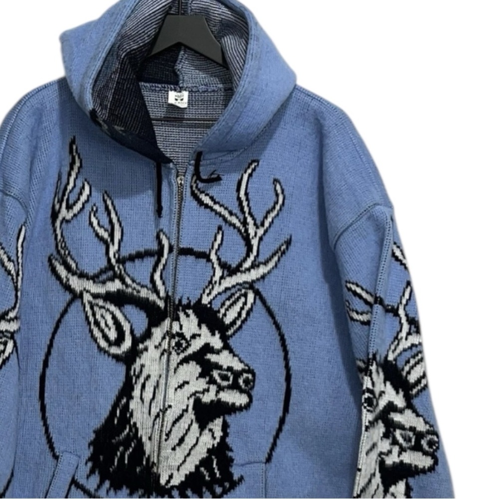 Vintage Wool Hooded Full Zip Sweatshirt Men’s XL Blue & Black With Elk